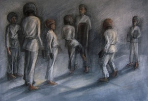 Sparring Drill, Adriana Burgos 2013, charcoal and pastel on paper, 38.5" x 29.5"